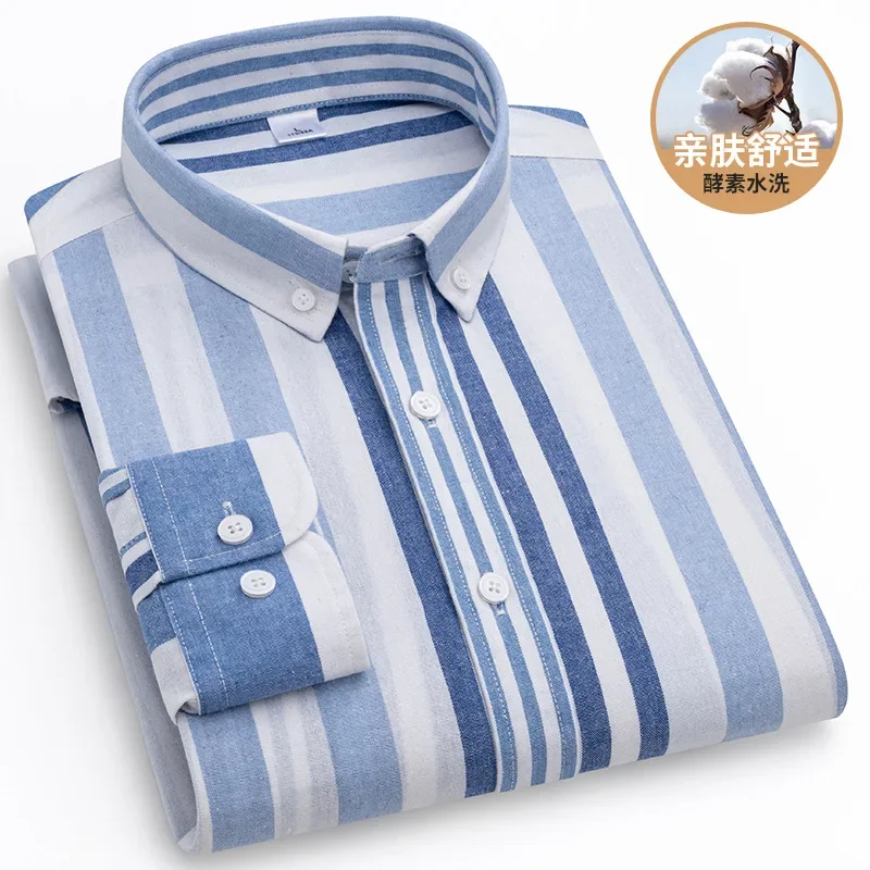 LIBIELIY White Striped Long-sleeved Men's Shirt American Heavy Blue Autumn Loose Boyfriend Style Casual Shirt Pure Cotton Jacket