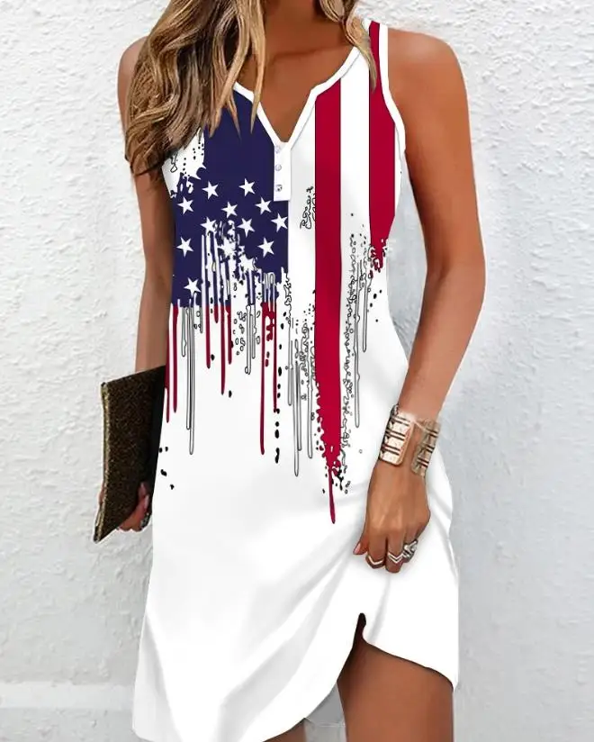 

Women's Casual A Line Dress Female Clothes 2024 Summer New Fashion Independence Day Flag Print Notch Neck Vacation Tank Dresses