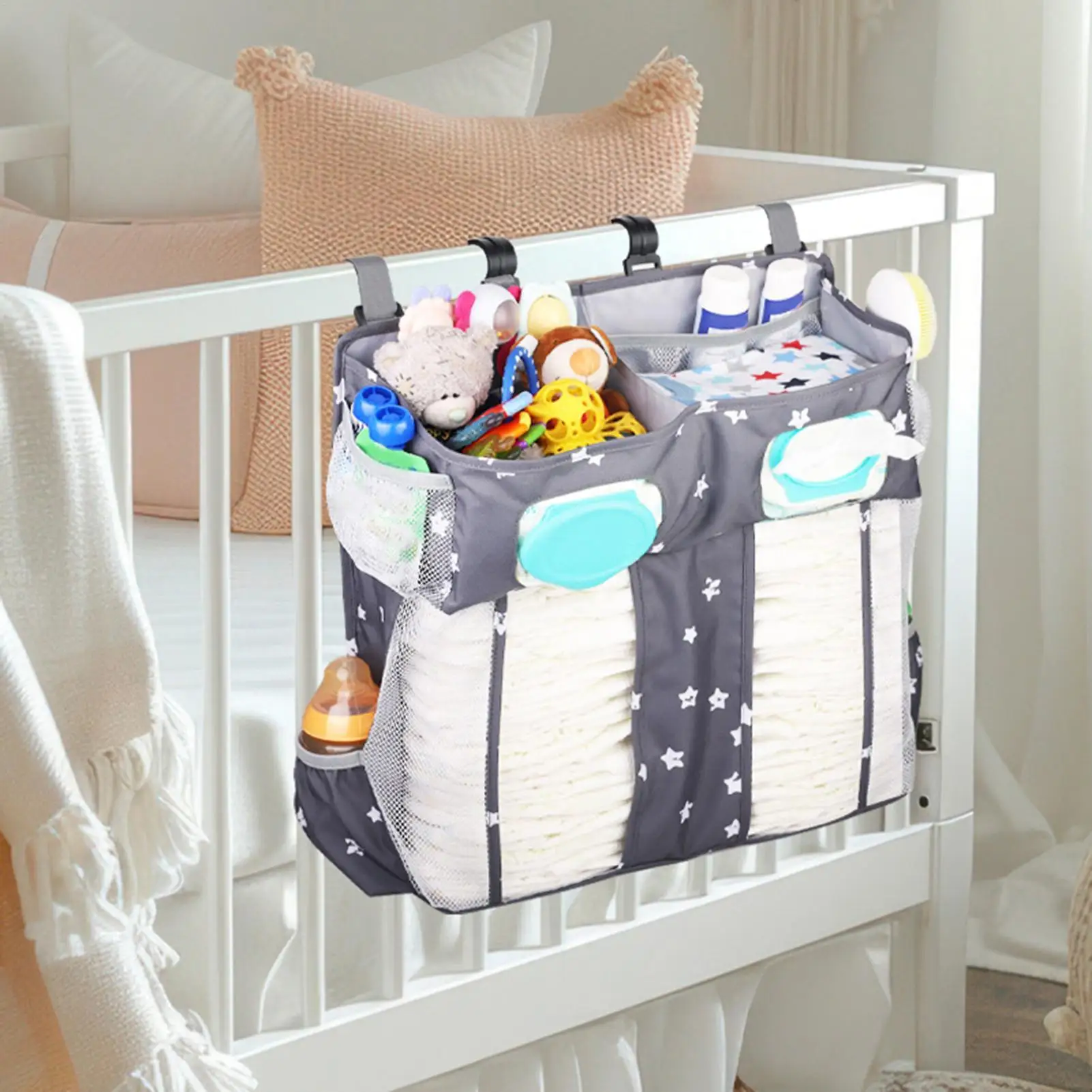 Pendurado saco de armazenamento berço do bebê infantil essencial fralda organizador para garrafa de leite toalhetes babadores berços berçário bolsos empilhador