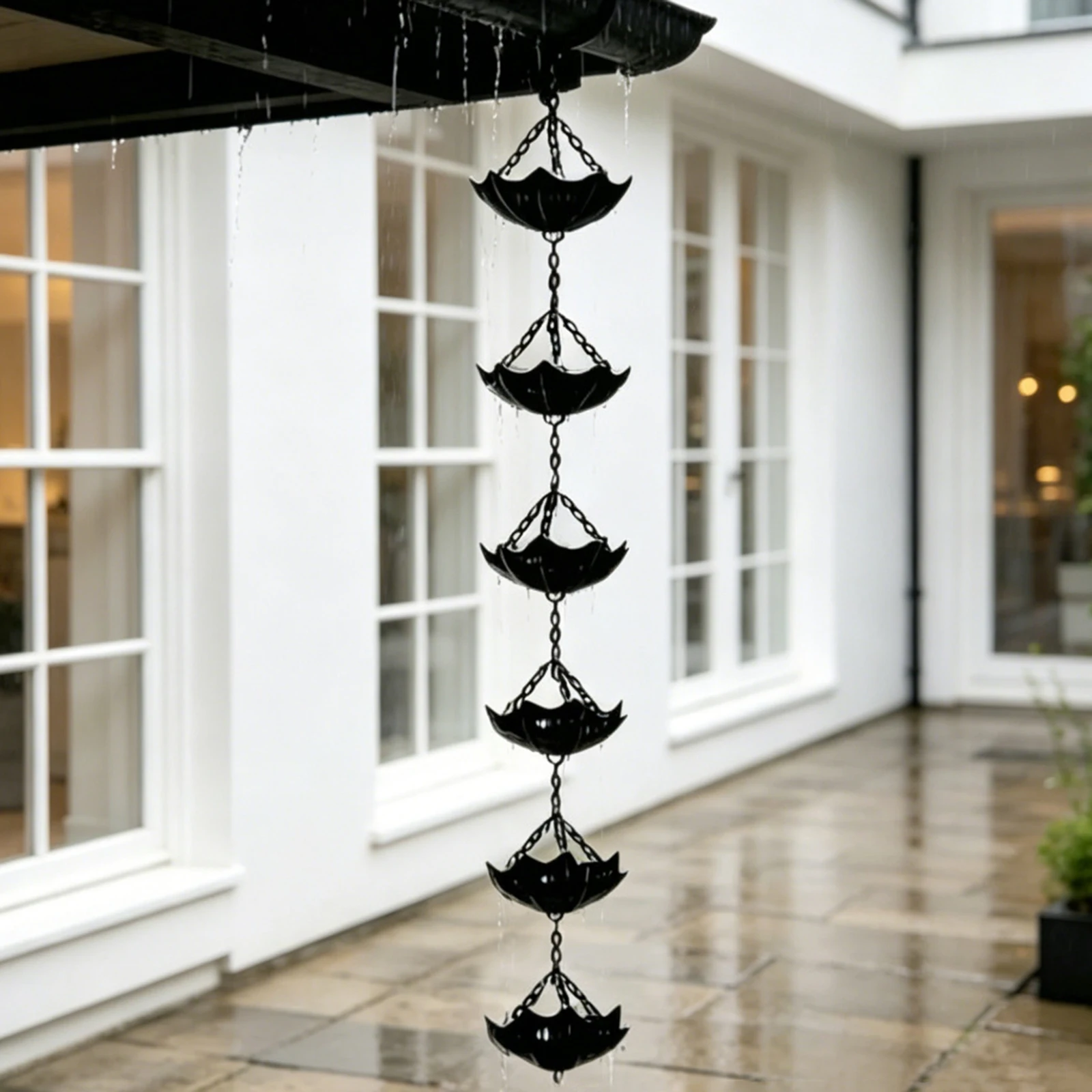Outdoor Metal Rain Chimes for Garden Decorative Umbrella Rain Chains with Mobile Cups for Roof Drainage Patio and Decoration