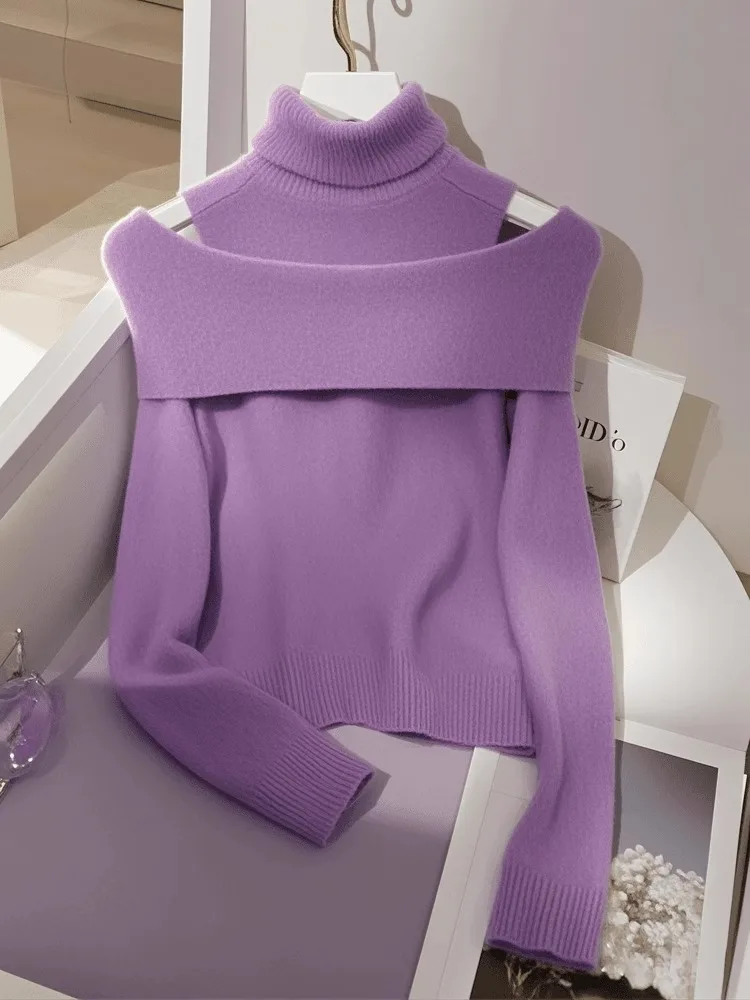 الأرجواني وهمية قطعتين محبوك سترة المرأة الخريف والشتاء لينة وفاخرة عالية الرقبة قبالة الكتف سترة