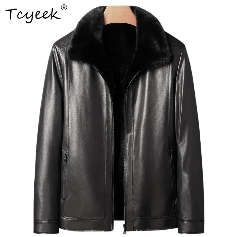 

Tcyeek Real Goatskin Detachable Mink Liner Autumn Winter Lapel Black Men's Genuine Leather Jacket Куртка Кожаная Мужская 가죽 자켓