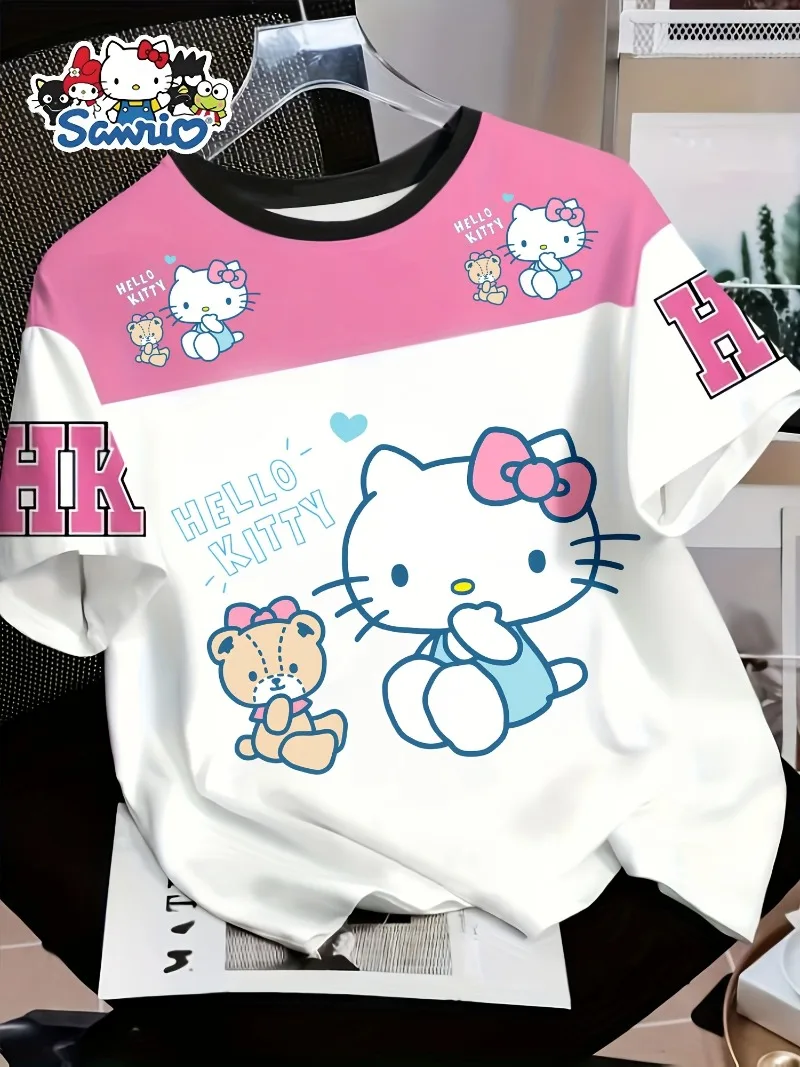 T-shirt Sportif Ample à Col Rond Imprimé 3D Personnalisé Hello Kitty Tendance Été 2026 pour Adultes et Enfants