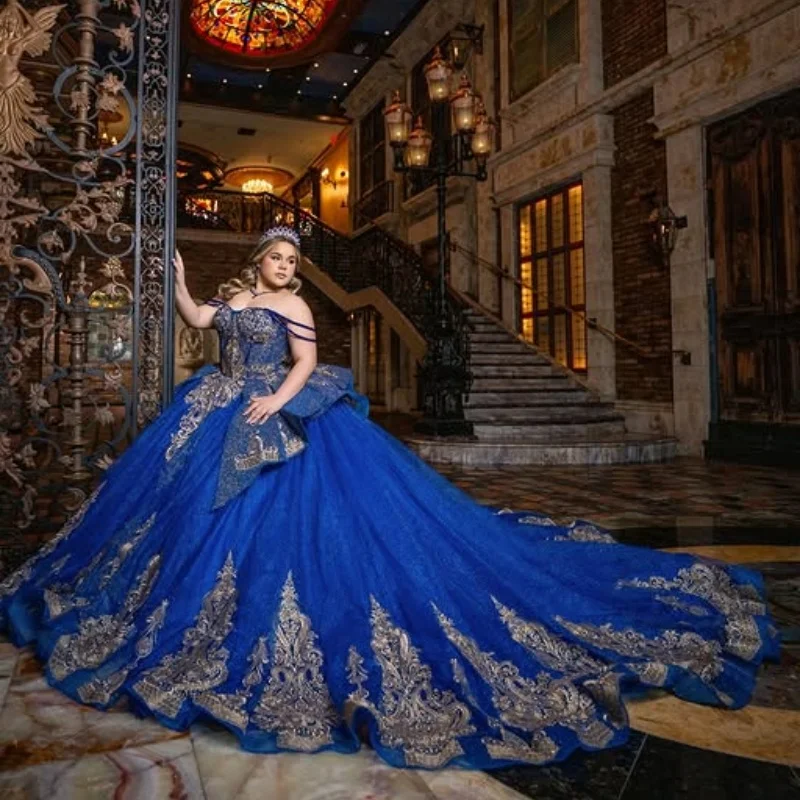 

Customized Shiny royal blue Quinceanera Dresses Off the Shoulder crystal applique layering Long tail Bow Vestido 15 Quinceanera