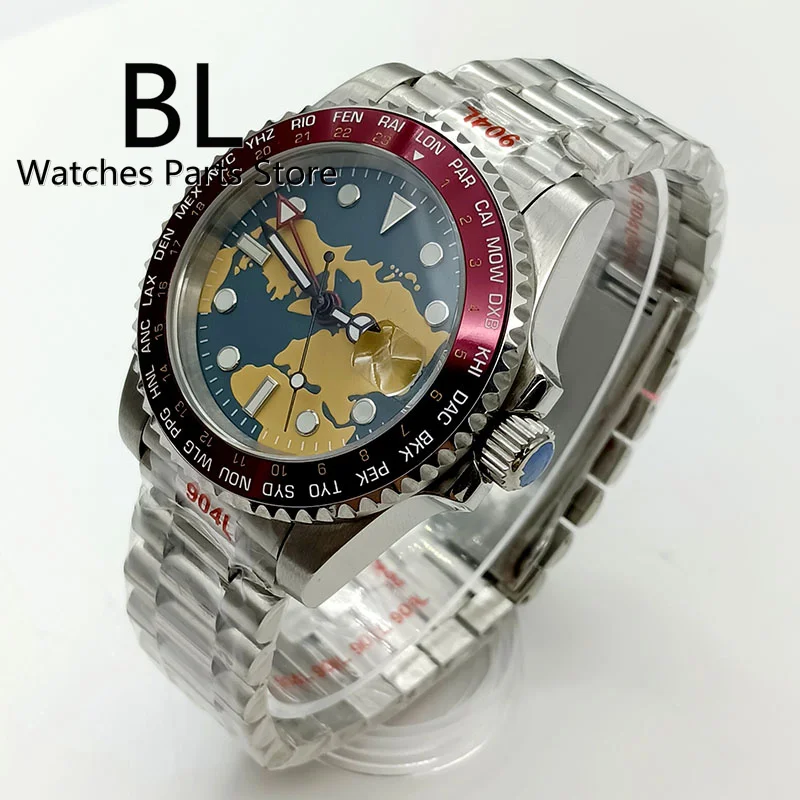 BLIGER 40mm NH34 GMT Automatic Watch For Men Red Alloy Bezel Blue Dial Super Full Luminous Sapphire Glass Steel Strap Date