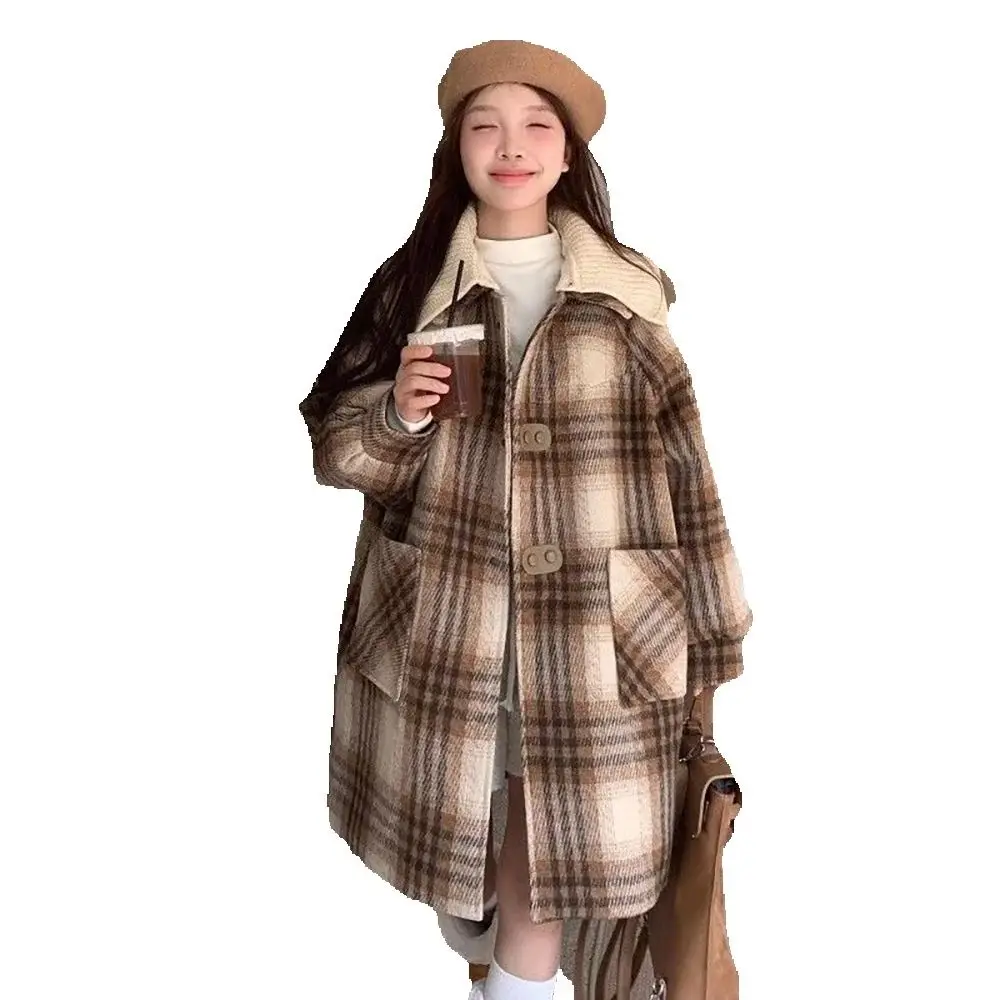 

2024 Winter New Plaid Woolen Down Cotton-padded Jacket Women's Long Temperament Fashion Knitted Lapels Warm Coat Women.