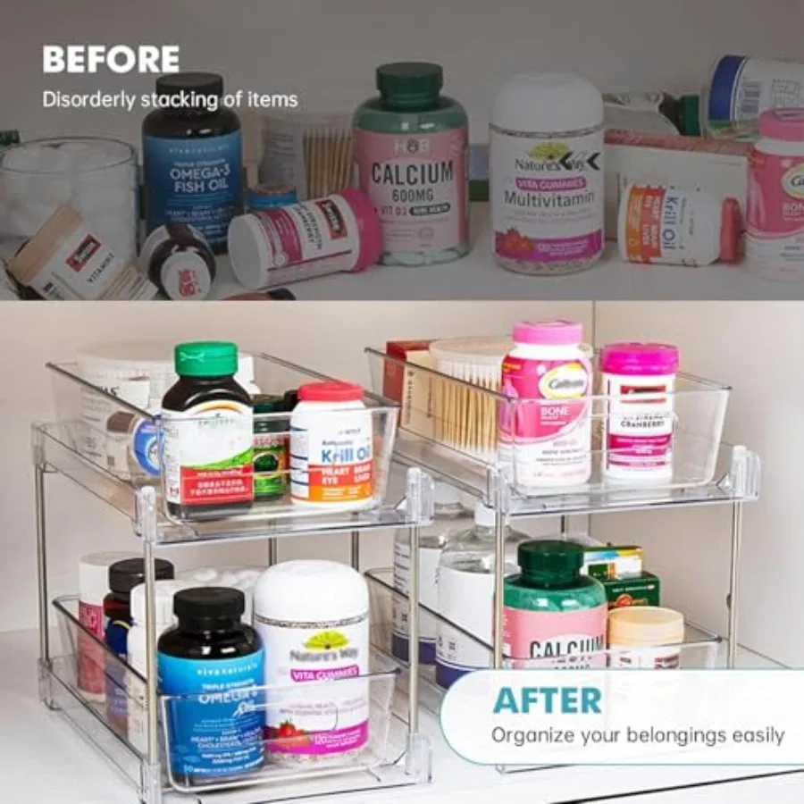 Clear Bathroom Organizers and Storage, 2 Tier Pull Out Under Sink Cabinet Organizer Plastic Drawer Organization and Storage for view 5