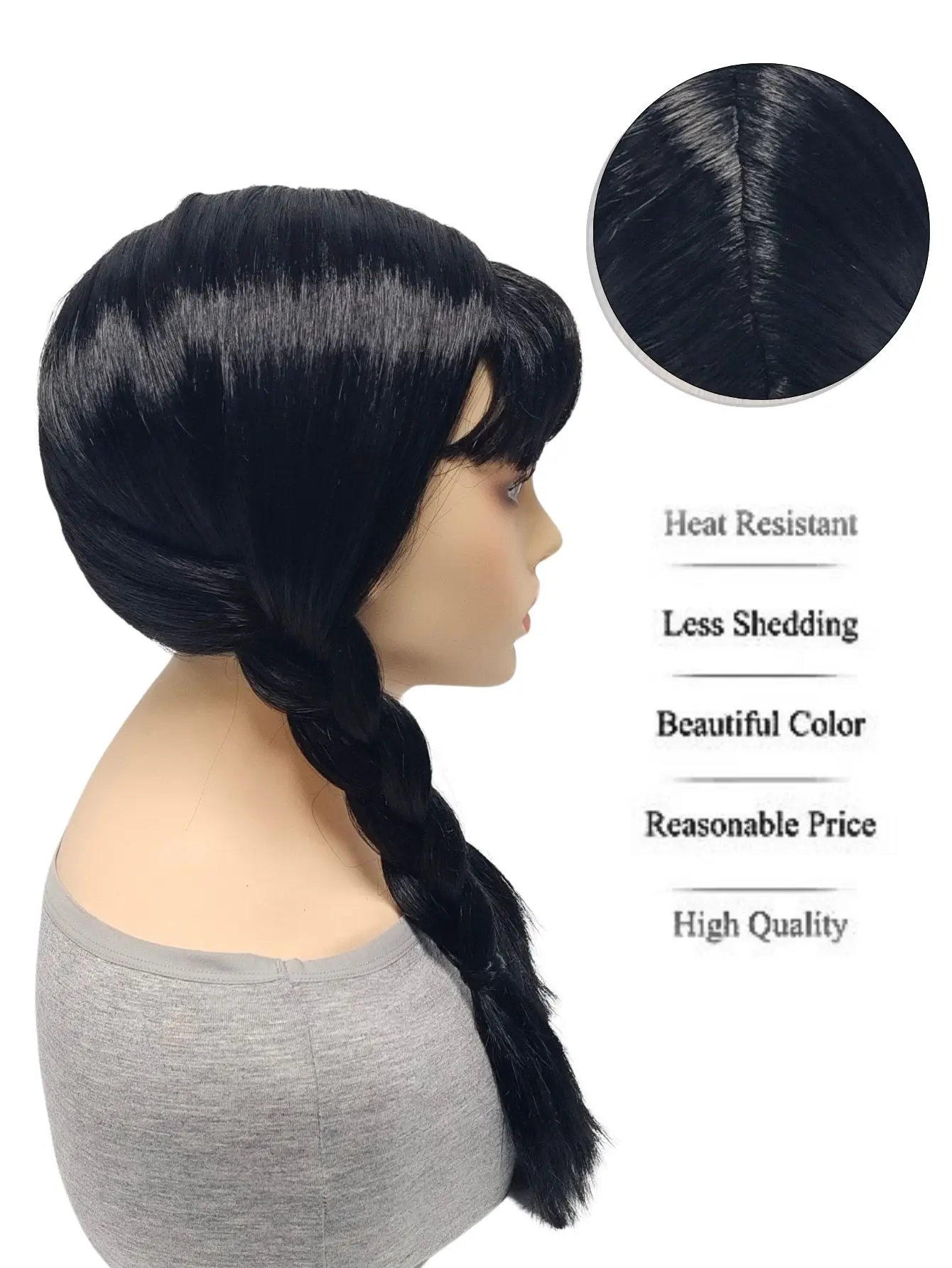 شعر مستعار كوسبلاي لشخصيات الأفلام والتلفزيون، شعر مستعار صناعي أسود مزدوج المضفر، غرة حادة طبيعية مع نمط خط شعر مفصول #4