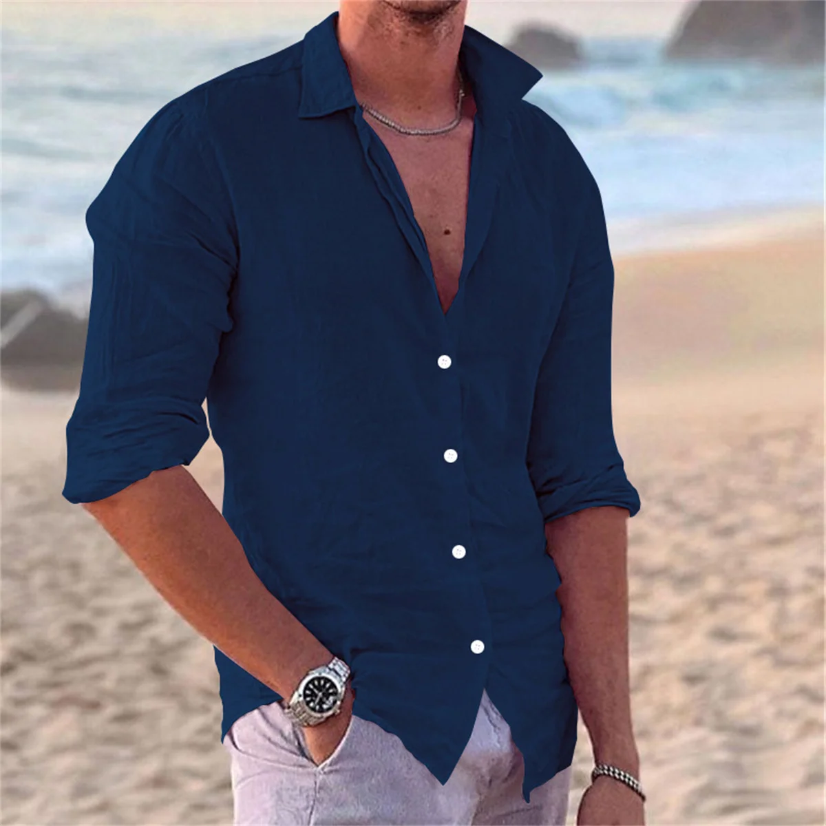 Camisa de lino y algodón de manga larga para hombre, camisa de Color sólido para ocio en la playa, Compras, Viajes en casa, ventas Flash