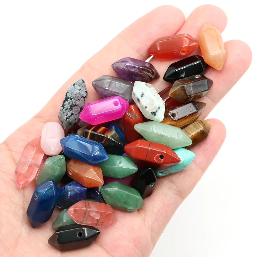 Mini Double-pointed Hexagonal Column Natural Stone Healing Crystal Craft Drilled Hole Point Wand for DIY Charm Jewelry Accessory