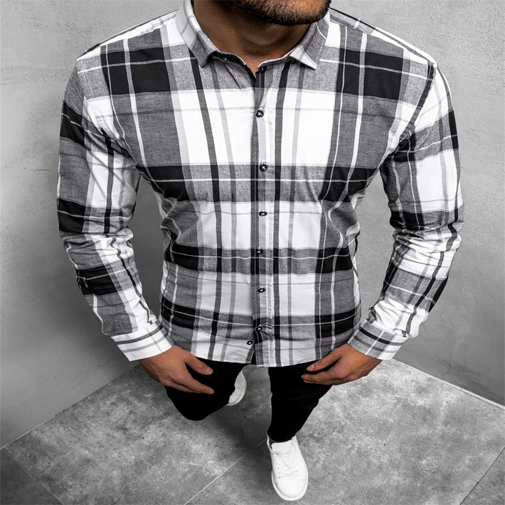 2023 Men's Plaid Striped Lapel Long Sleeve Shirt Red Suit Button Casual Soft Comfortable Autumn and Winter New Style Hot Sale