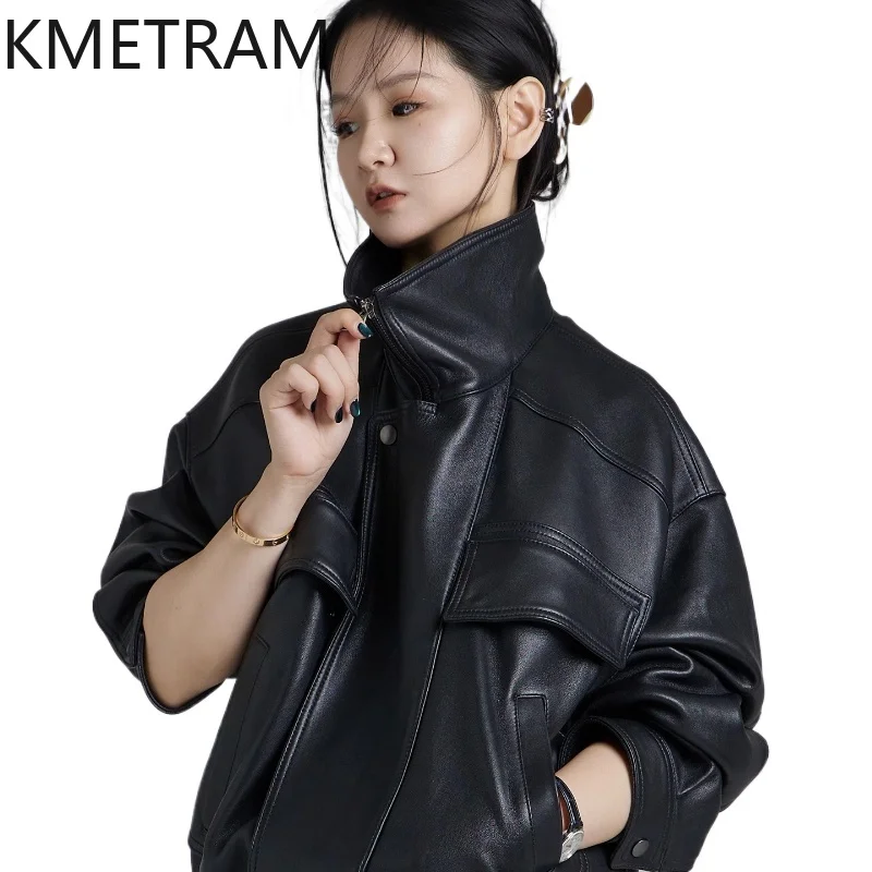 KMETRAM 100% Natural Sheepskin Women's Coat Biker Black Genuine Leather Jacket Autumn New Outerwears Clothes 2025 Woman дубленка