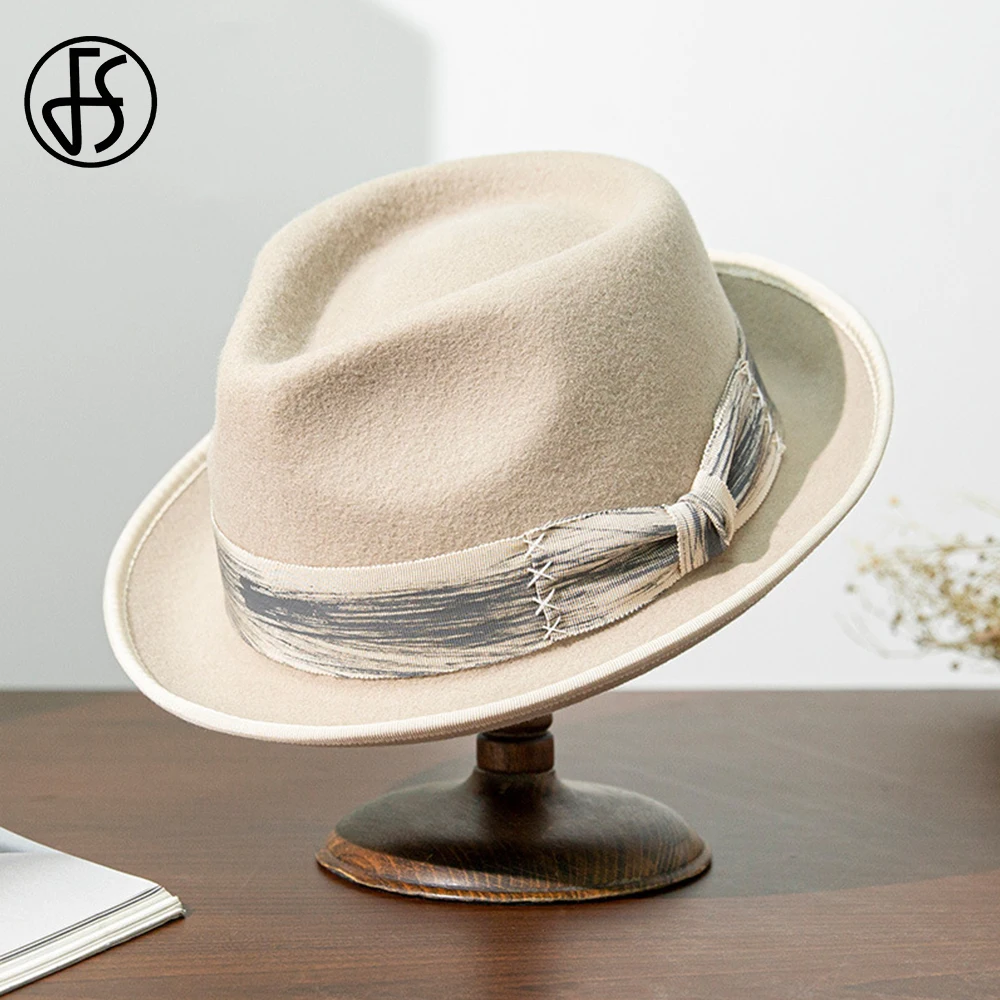 FS 2024 Jazz Cap Felt Hats For Men Women Patch Decorative Warped Brim Wool Fedoras Vintage Winter Panama Black Coffee Beige Hat