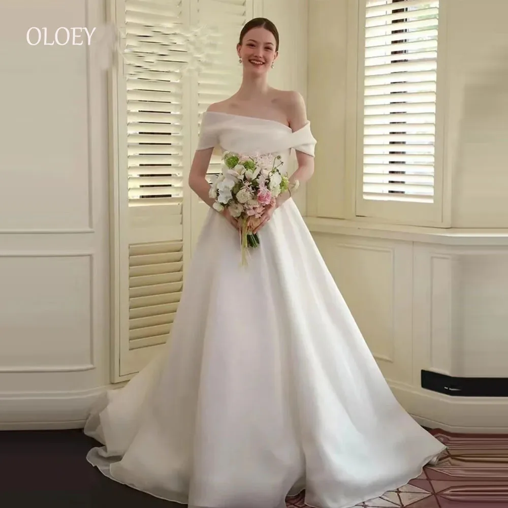 

OLOEY Elegant Silk Organza A Line Wedding Dresses Korea Photo shoot Off Shoulder Sweep Train Bridal Gowns Customized Princess