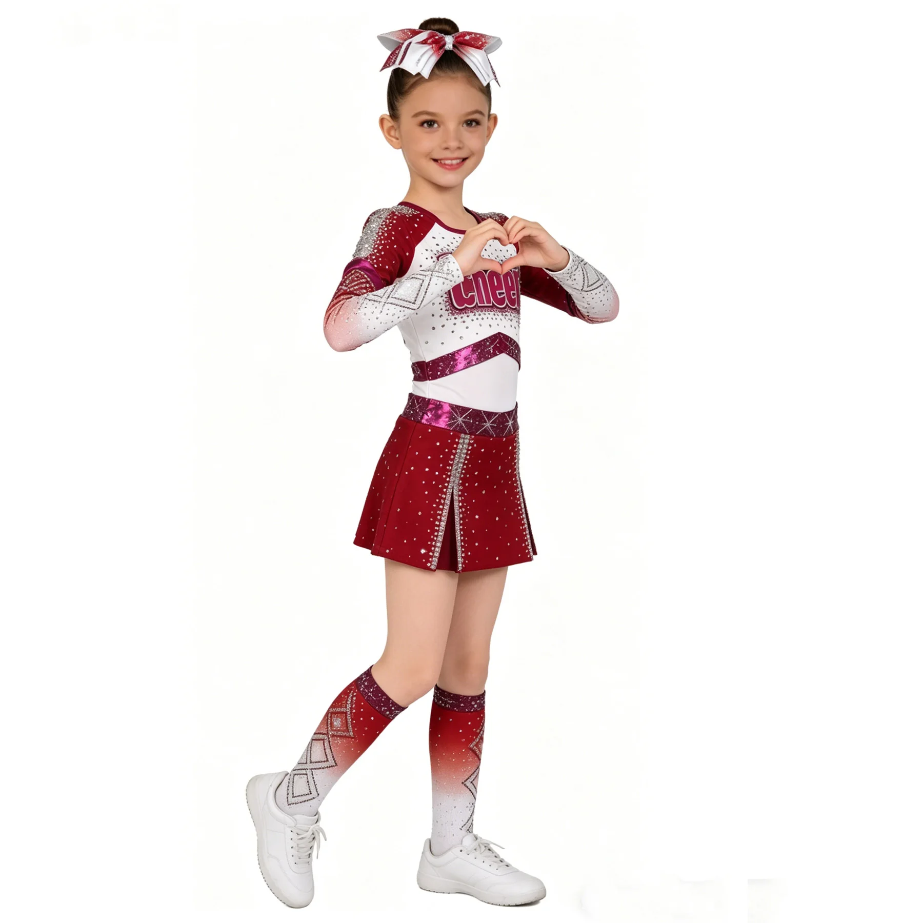 Girls Red White Cheerleading Costume Rhinestone Long Sleeve Cheerleader Uniform with Bow Kids Dance Performance Competition Wear
