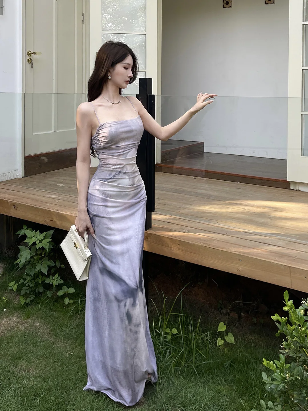 Vestido Midi ajustado de malla púrpura con estampado de mariposa, Sexy, de cintura alta, ajustado, para vacaciones en la playa, vestido de noche de longitud media Praty