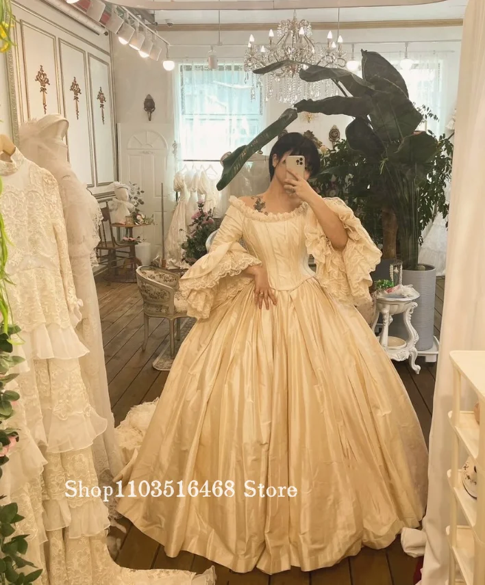 Custom Medieval Vintage Victorian Wedding Dress Boat Neckline Corset Lace Bridal Gown Ball Gown Themed Wedding Specialty Wedding