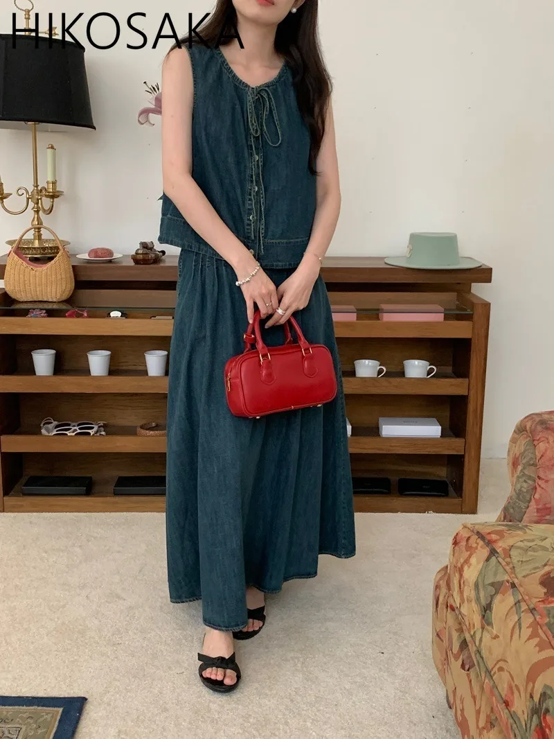 Summer New Korean Chic Dress Sets O-neck Lace-up Single Breasted Sleeveless Tank Top Pleated A-line Skirts Denim Women Suit