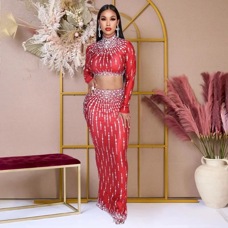 

GUWU Женский топ со стразами и бриллиантами с длинными рукавами + длинная юбка, костюм, уличный сексуальный вечерний комплект из двух предметов, комплекты одежды