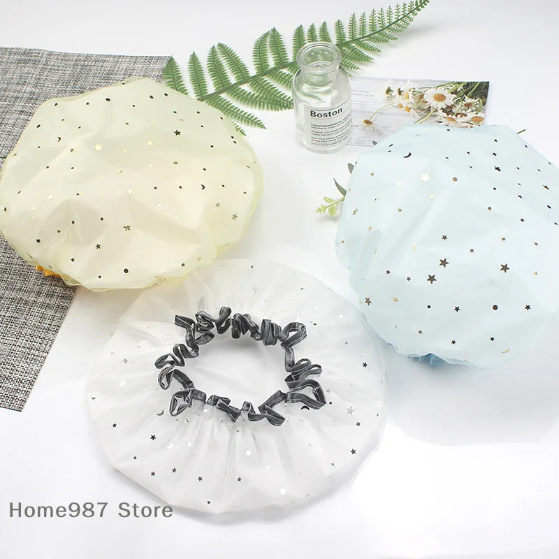 1 Pc Waterproof Double-Layer Shower Cap Starry Sky Design Fashion Reusable Bathing Hat Kitchen Oil-proof Sanitary Hat