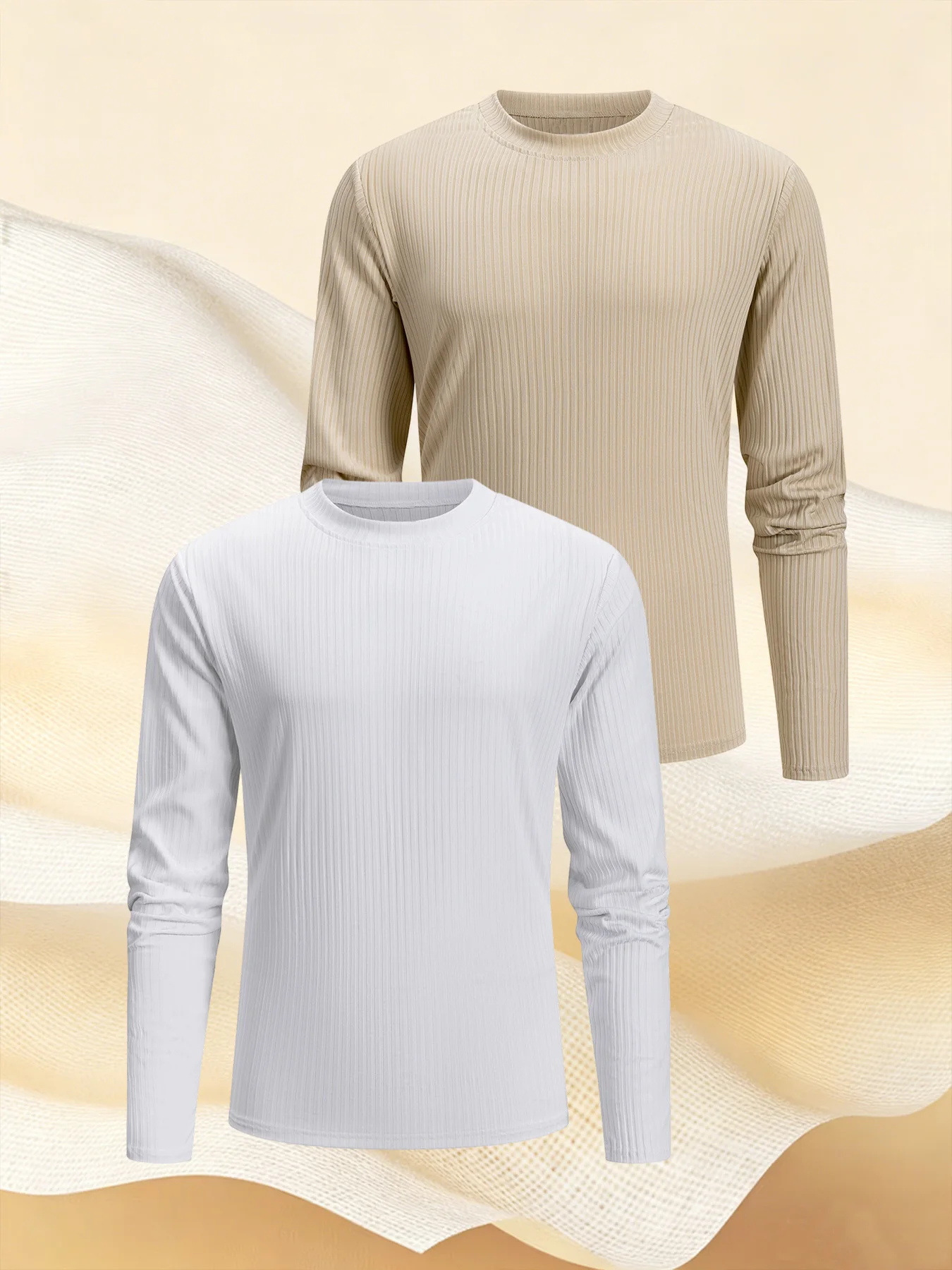 Value 2 Pack Men Vertical Rib Crew Neck Long Sleeve Tees Stretch Breathable Rib Knit Slim Fit Casual Tops Match Jeans Joggers