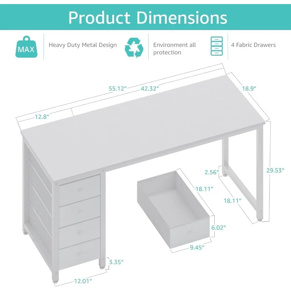 55 Escritorio de oficina en casa reversible moderno con cajones - Escritorio de 55 pulgadas de largo para estudio y dormitorio