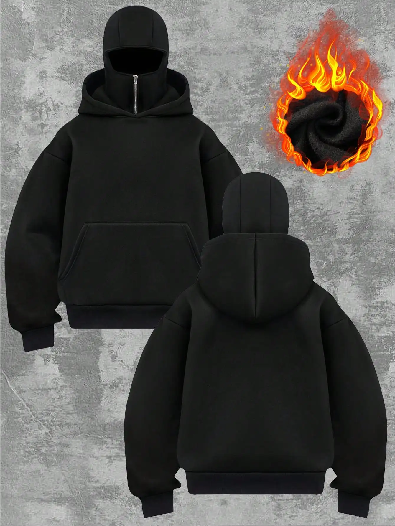 

Черная толстовка оверсайз с двойным капюшоном и молнией для закрытия лица
