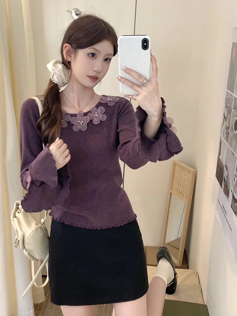 

Purple Flower Lace Knitwear Women's Autumn Winter Slim Fit Soft Korean Sle Bell Sve Base irt Top Commute Sle Knitted...