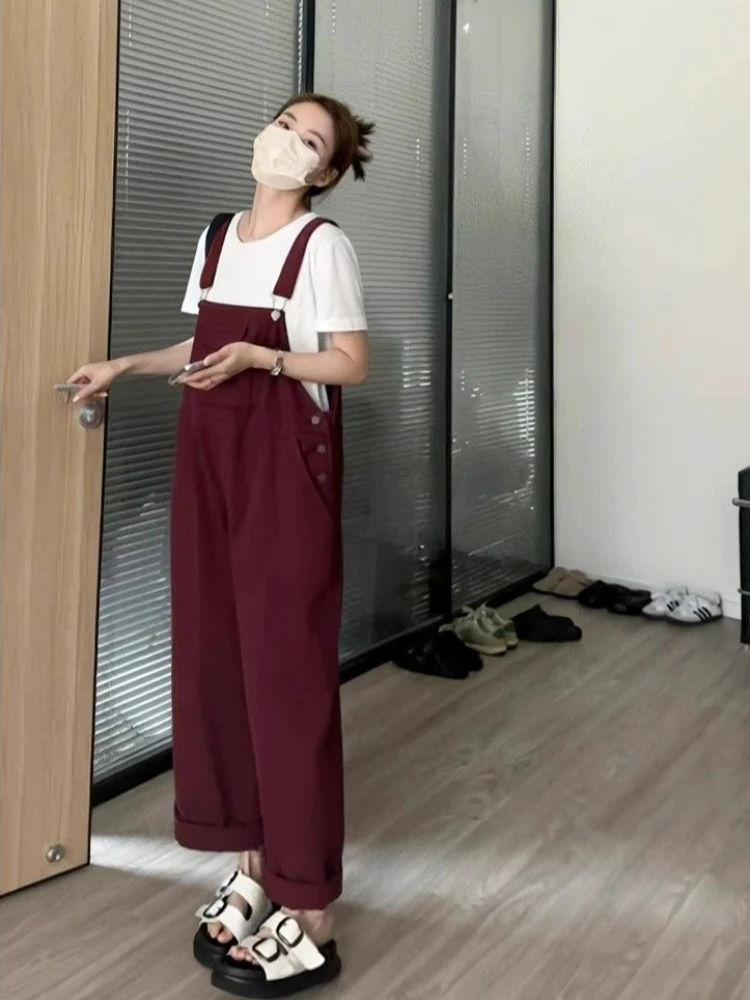 

Women Wine Red Spring New Thin Lightweight Versatile Loose Fit Slimming Casual Straight Leg Overall Jumpsuit Youth Enhancing