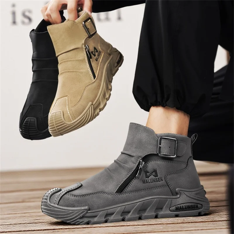 

High-quality Solid-color Men's Leather High-top Work Protection Trendy Versatile Retro Flat-heeled Large-sized Casual Shoes