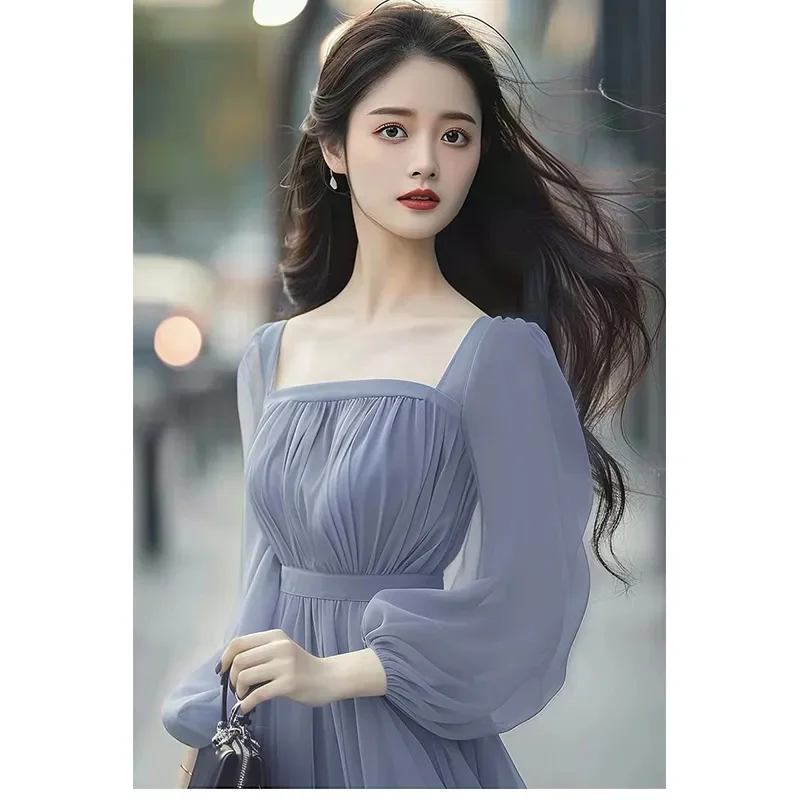 Korean Women Niche Design Vacation Style Blue Chiffon Dress 2024 New Fugitive Princess French WaistCinched Fairy Long Dress