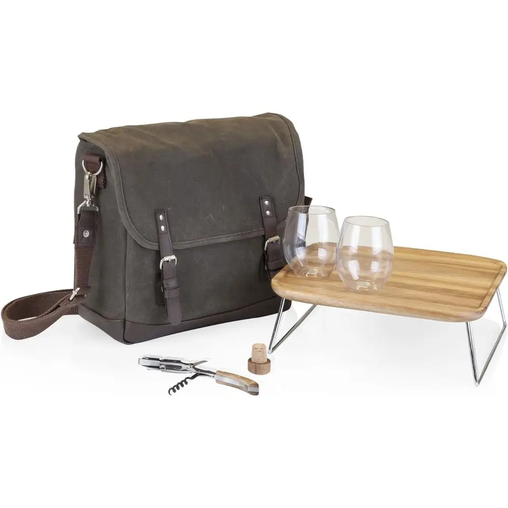 Bolsa de Vino para Viajes con Copas y Mesa Pequeña, Verde Caqui/Marrón