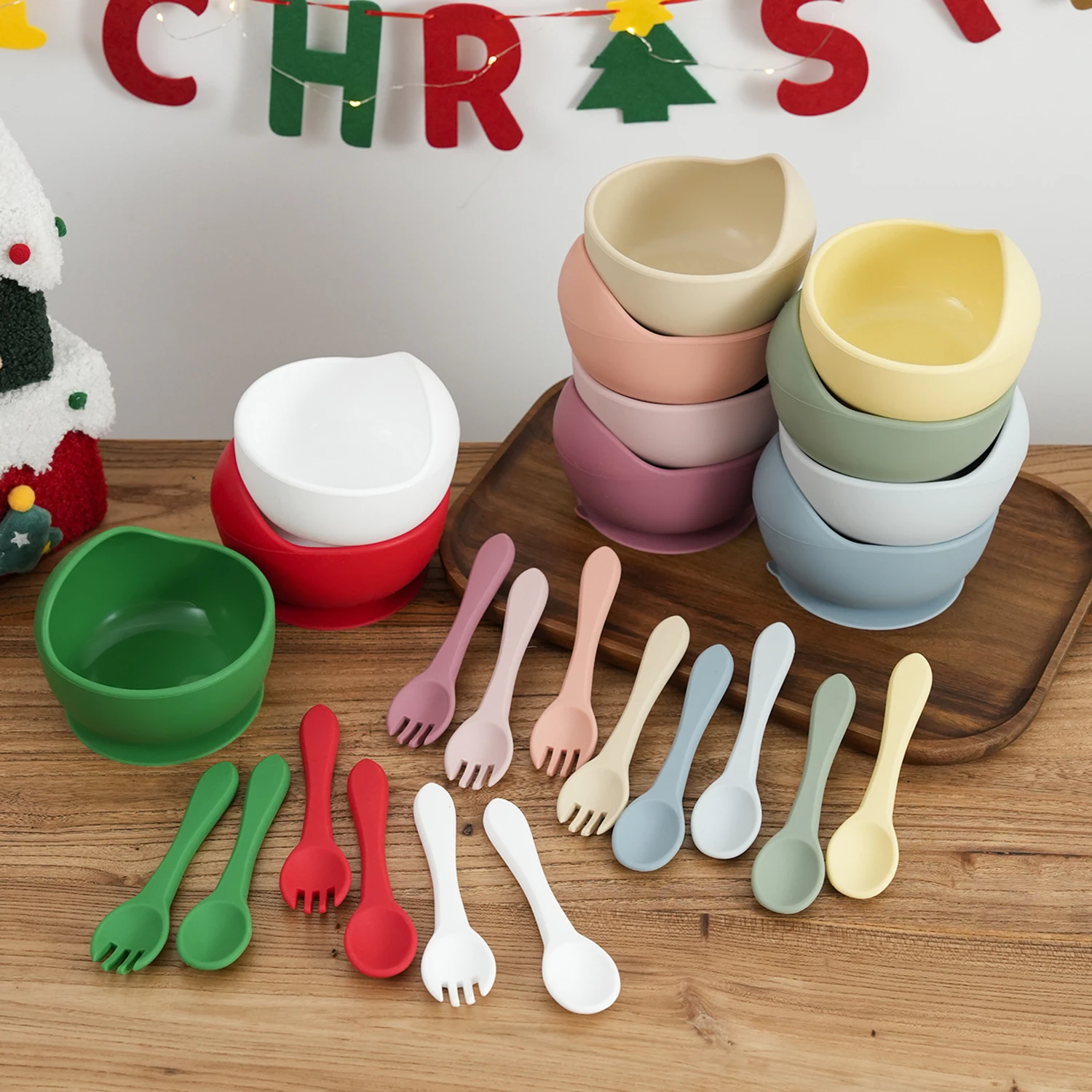 

Color Kids 3PCS Silicone Feeding Bowl Set with Suction Toddler Training Utensils Spoon Fork Kids Learning Tableware For Babies