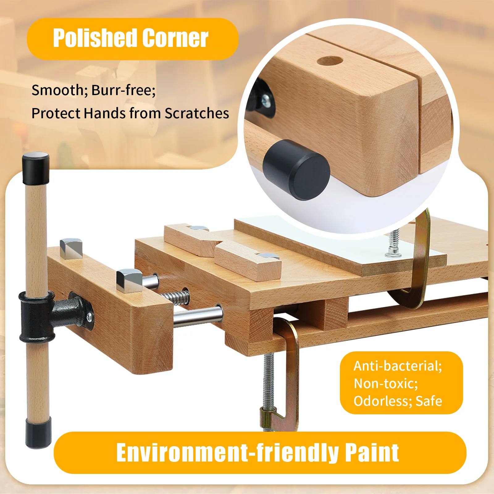 Solid Beech Wood Vise Workbench Desktop 2 G-type fixing Clips 7.87inch for Precise Woodworking