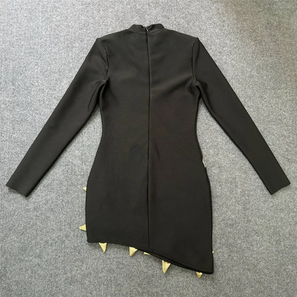 2024 صيف جديد ثلاثية الأبعاد الزهور الذهبية قطع ضمادة فستان سلحفاة الرقبة طويلة الأكمام سليم Bodycon المشاهير مساء رداء حفلات