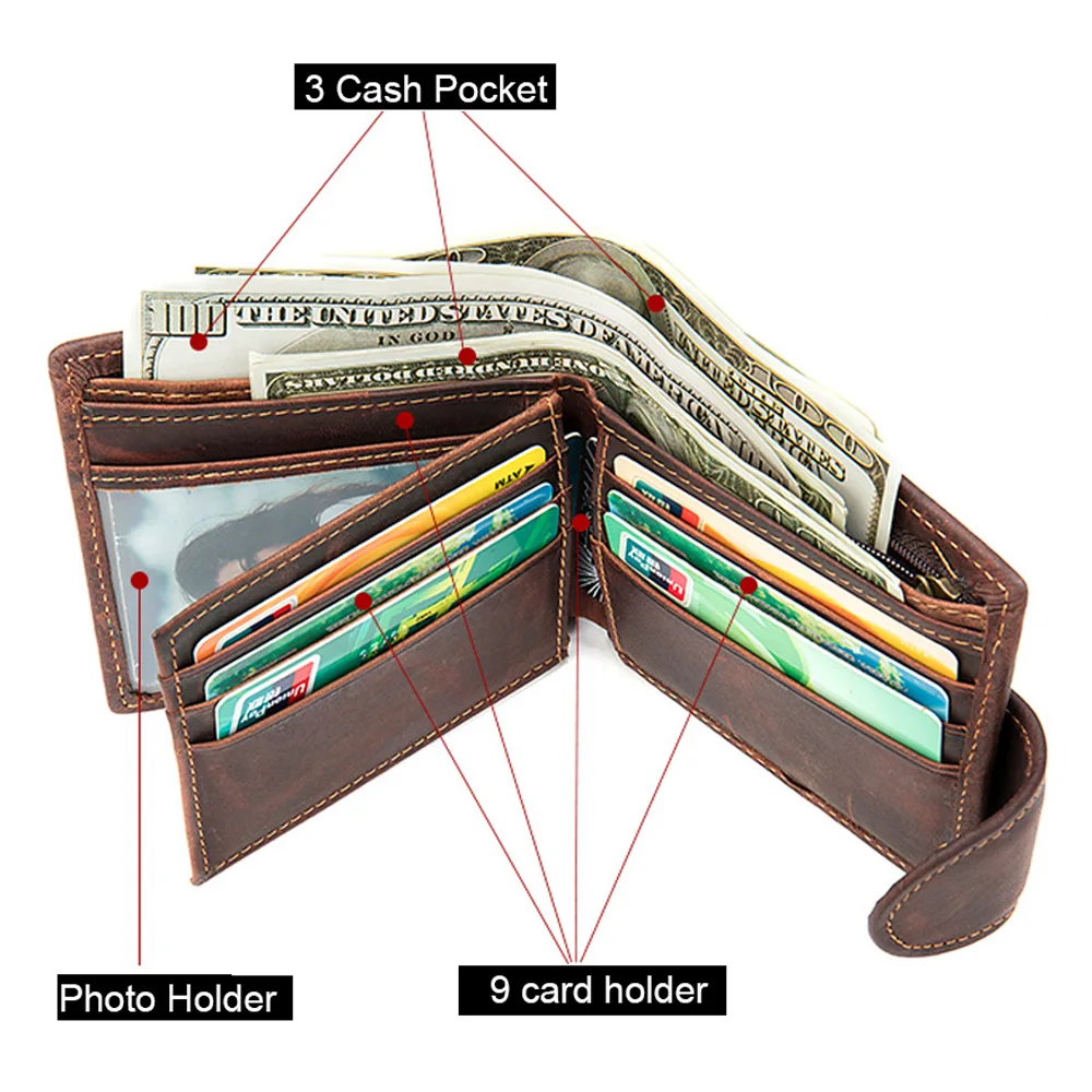 Crazy Horse Cowhide Leather Wallet for Men Genuine Leather Men Wallet Hasp Vintage Wallet Men
