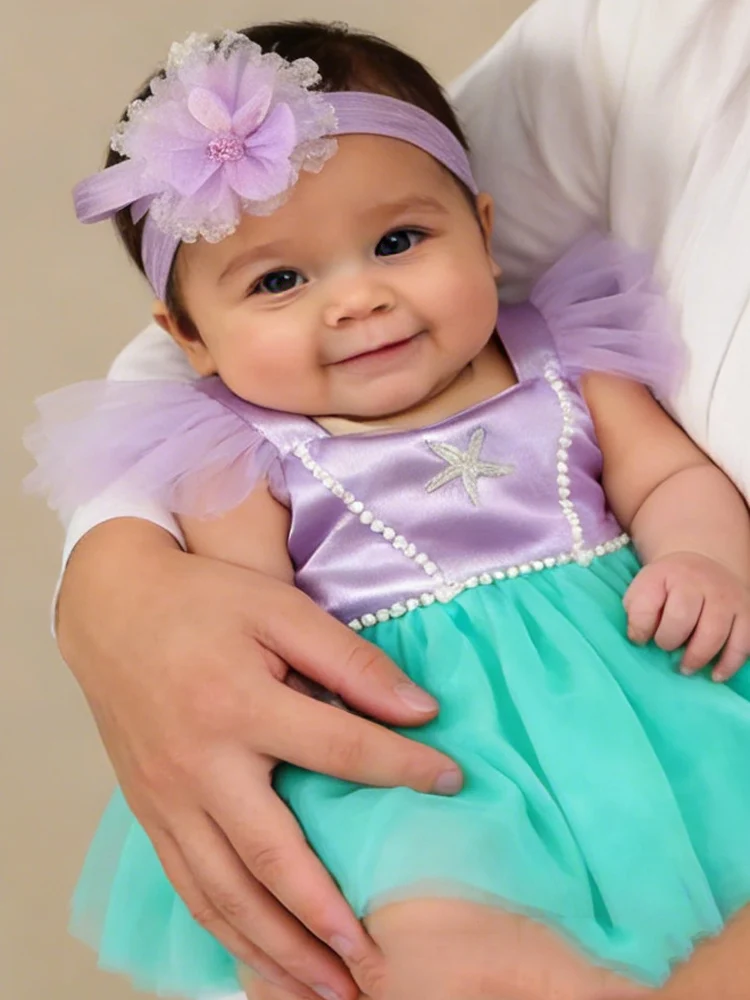 Newborn Photography Props Starfish Pearl Style Baby Girl Purple Dress with Headband Infant Photo Shooting Outfits