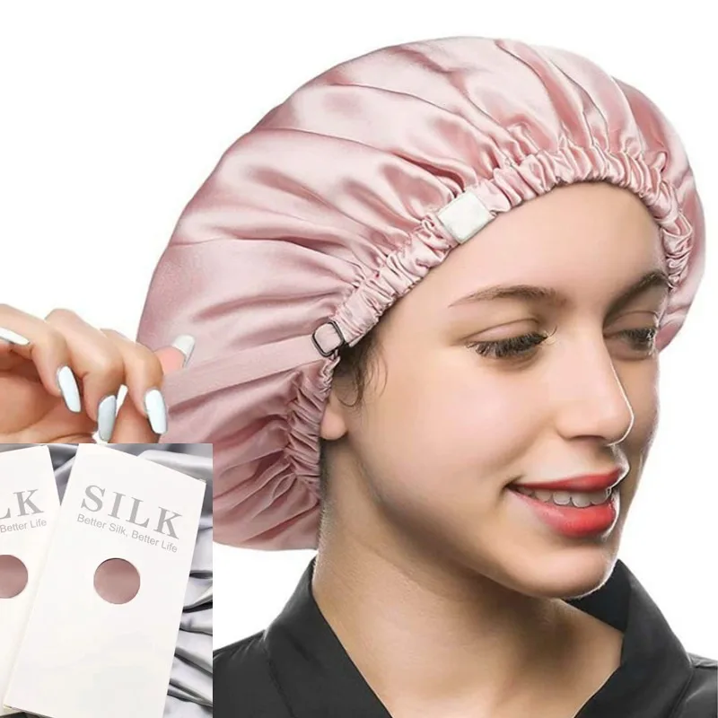 

Двухслойный чепчик из 100% шелка для спящих женщин, шапочка для сна из чистого шелкового шелка 22 Momme с регулируемой резинкой Stay
