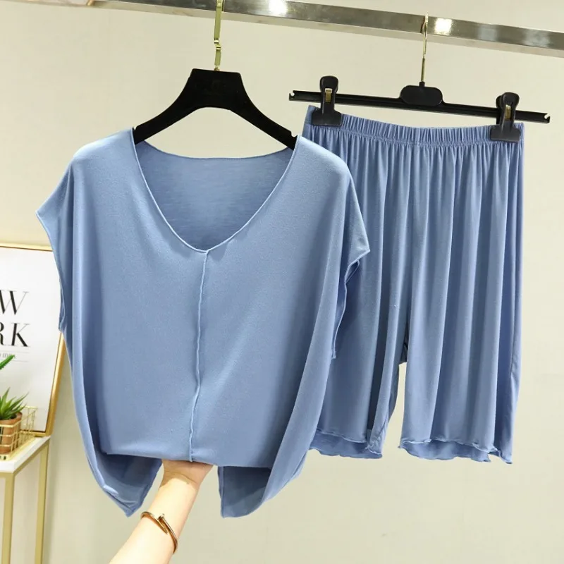 Modal Short-sleeved Suit Female in The Summer Loose Fallow Sleeveless T-shirt Base Shirt At Home Shorts and Pajamas Two-piece
