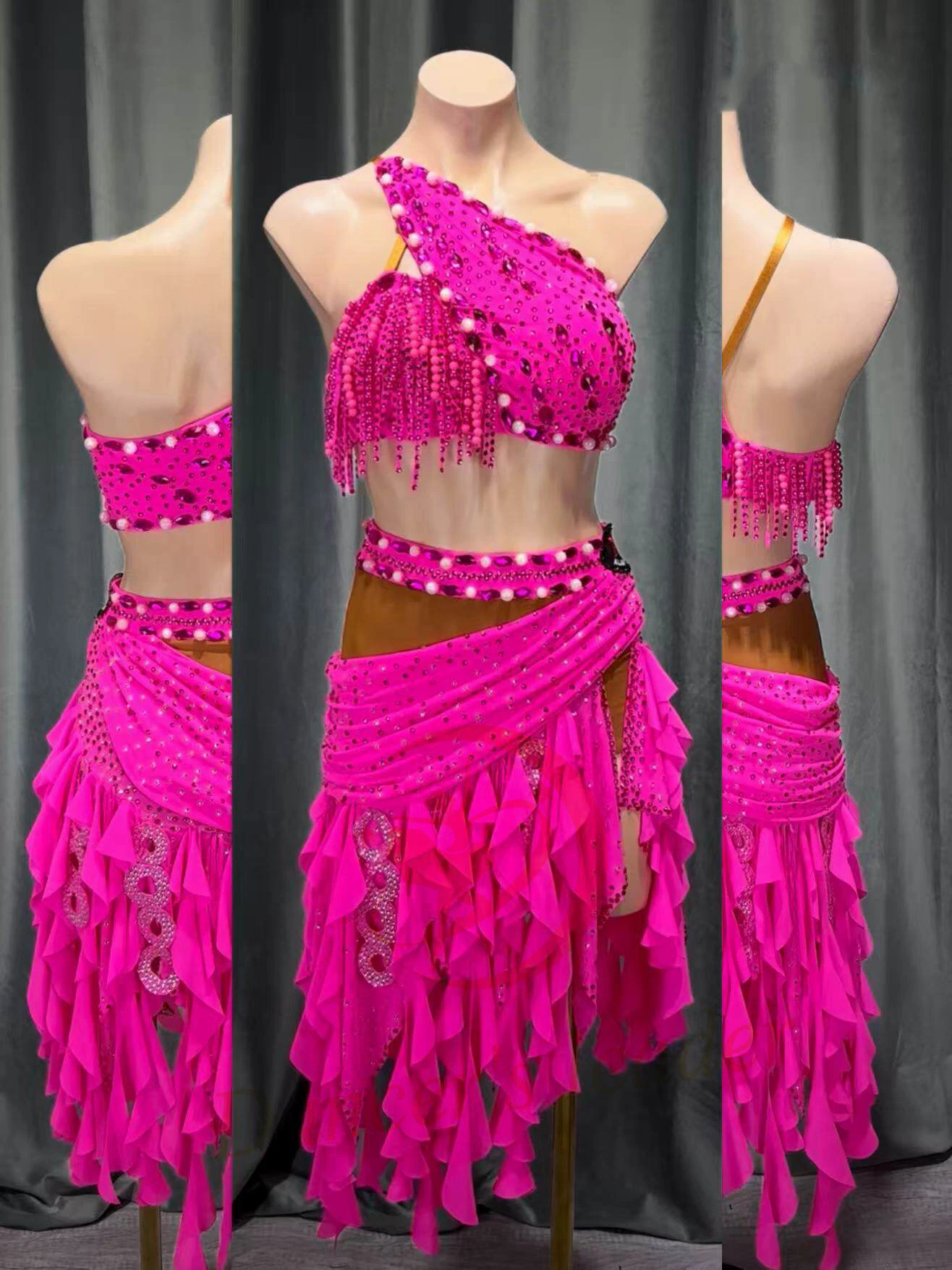 

Платье для латиноамериканских танцев AB Stone для взрослых и детей, элитное, на заказ, розово-красное, с разрезом, для динамичных танцев ча-ча-ча и танго, женская одежда