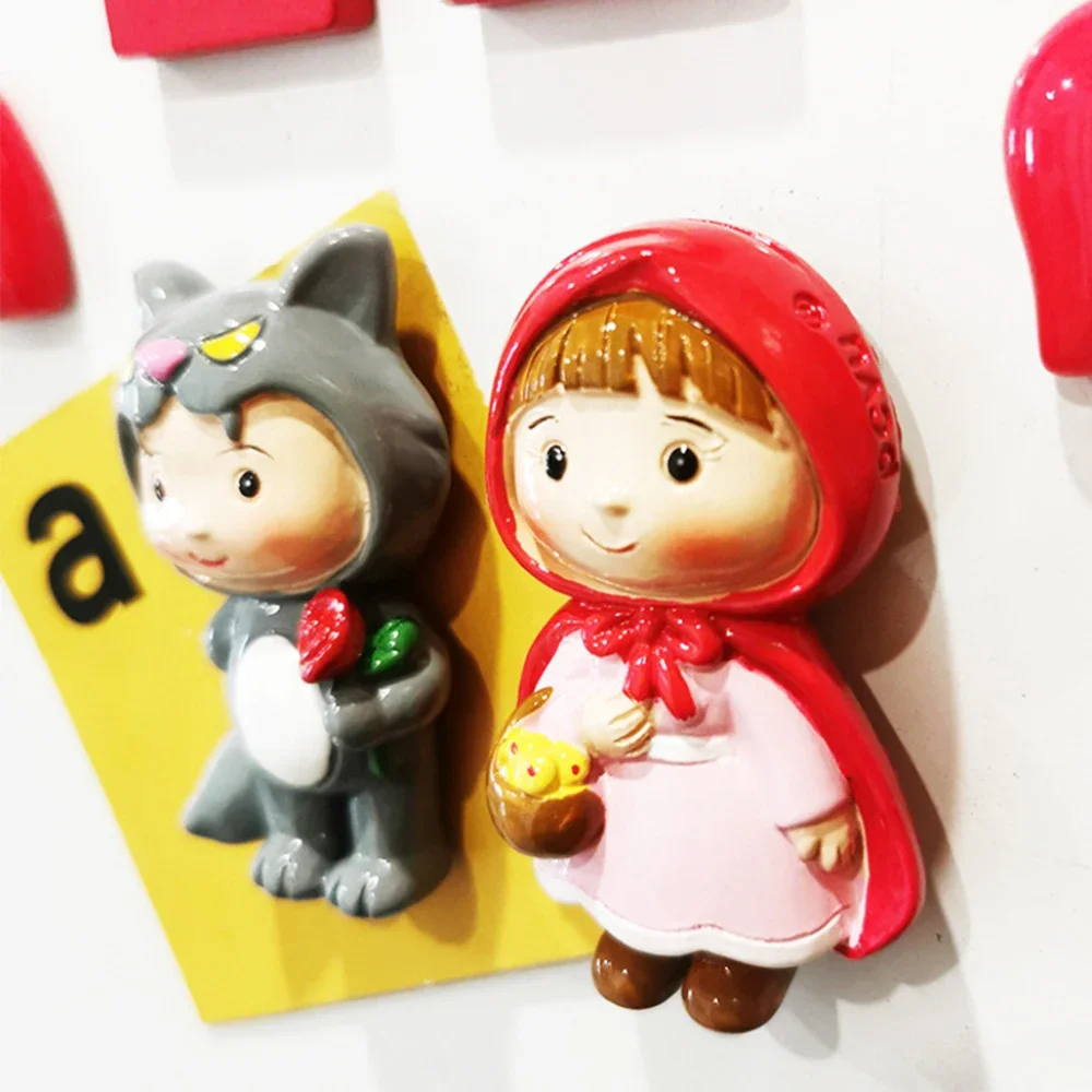 Niedliche Cartoon Märchen kleine rote Reit haube und große böse Wolf 3d Harz Kühlschrank Aufkleber für Haupt dekorationen