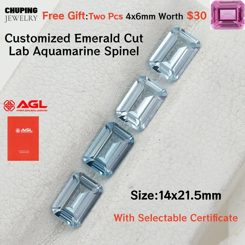 

Premium Customized Lab Aquamarine Spinel14x21.5mm Emerald Cut Flame Melted With Certificate For Jewelry Making Loose Gemstone