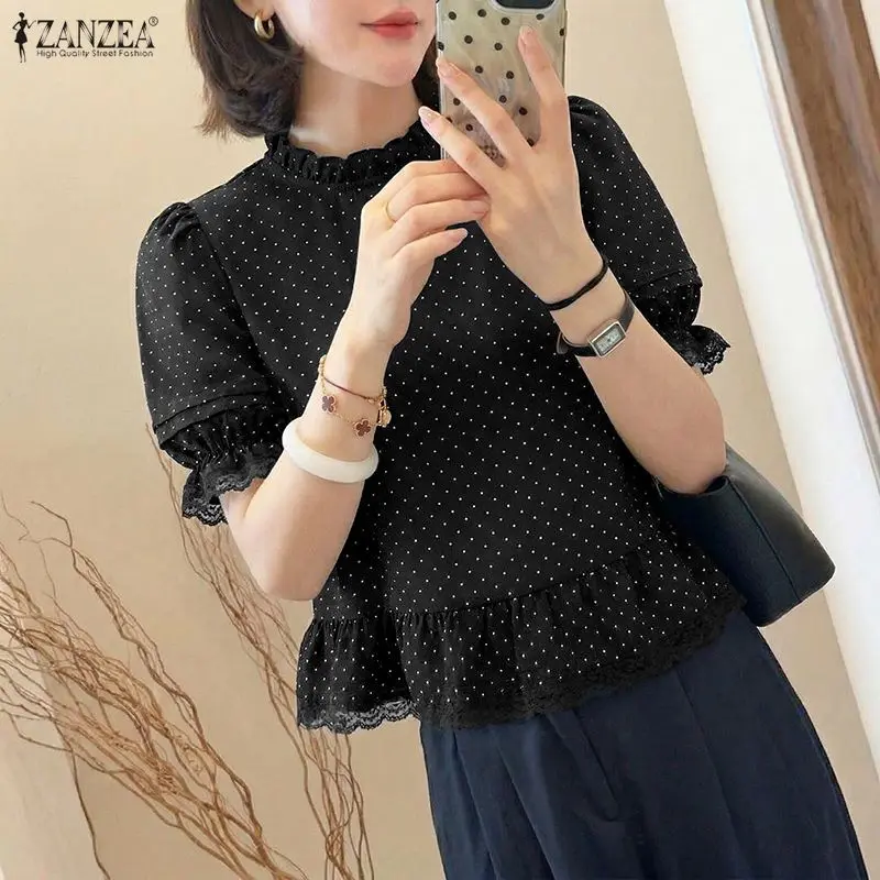 

ZANZEA Woman Polka Dot Lace Patchwork Blouses Ruffles Trim O-Neck Pintuck Lantern Sleeves Tops Summer Elegant Blusas de Mujer