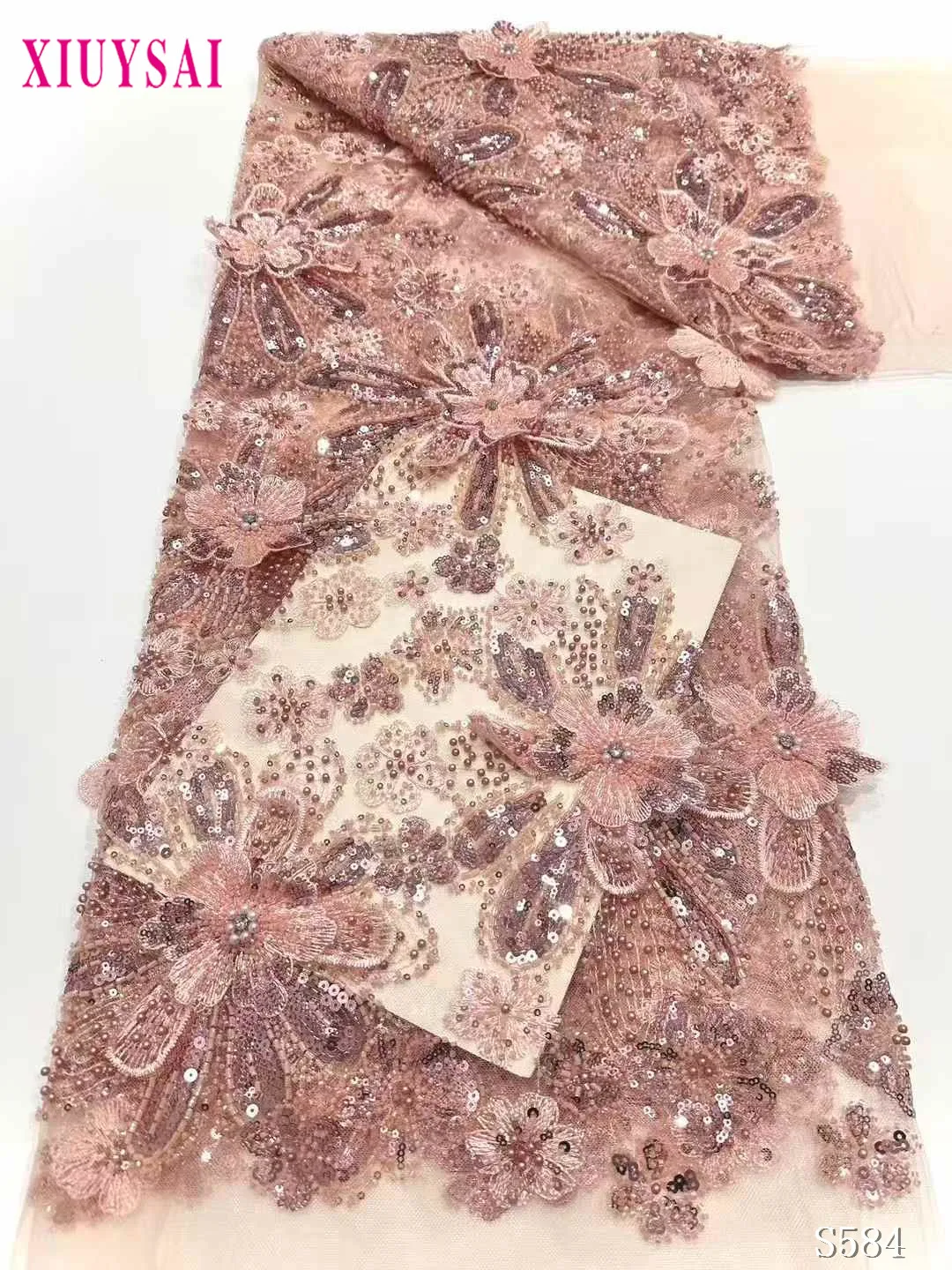 Luxury 2024 Latest French 3D Beaded Tulle Lace Fabric High Quality African Net Lace Fabrics With Sequins For Evening Dresses #3