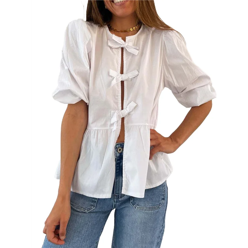 FX-Women Y2K Peplum بلايز نفخة قصيرة الأكمام ربط بلوزة قميص الصيف الخروج لطيف بيبي دول #3