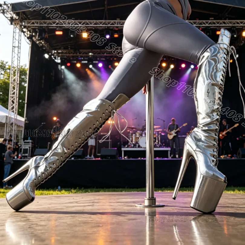 

Sliver Peep Toe Performance Boots Side Zipper Platform Stiletto Patent Leather Women Fashion Dancing Boots Zapatos Para Mujere