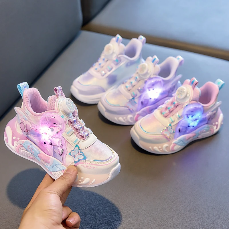Kids'Casual Shoes PU Leather Led Light Cartoon Autumn Flat Shoes For Children Anti-slip Breathable Purple Pink Shoes Size 26-33