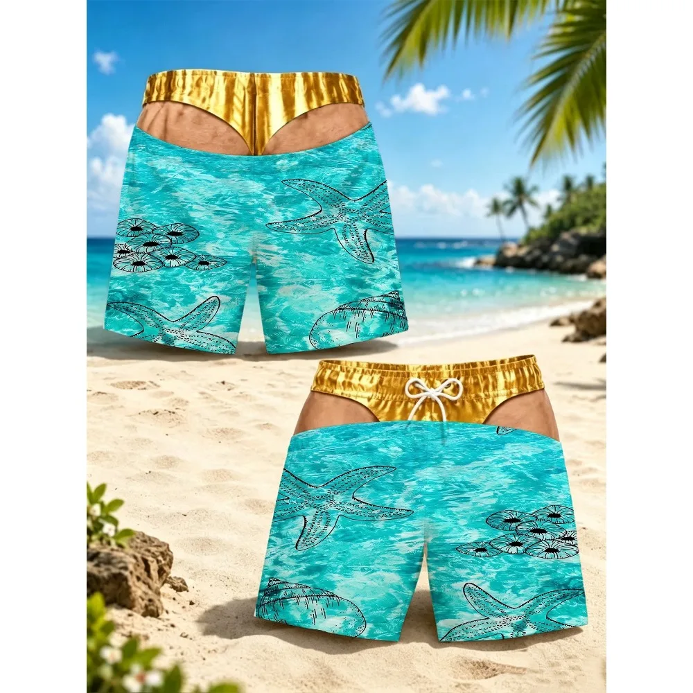 Funny 3D Print Sketch Starfish Shell Underwater Fake Hollow Out Visual Illusion Mens Summer Beach Party Swim Shorts