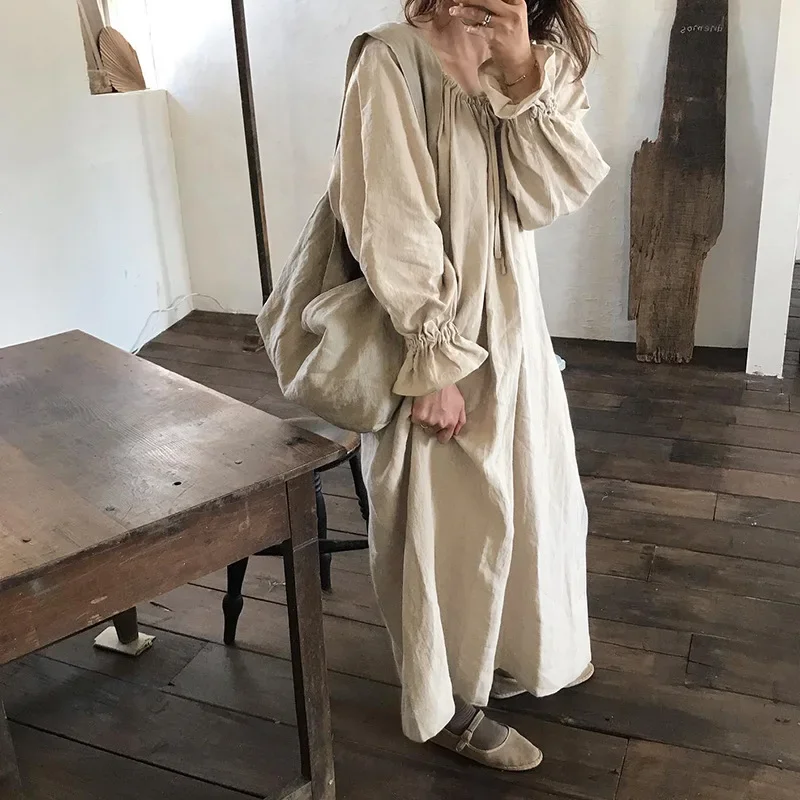 100% Cotton Elegant Dress For Women Autumn Casual Maxi Dress Long Lantern Sleeve Robe Femme Vintage Loose Oversize Vestidos