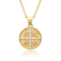 Gold Color St.Helen Constantine Pendant ICXC NIKA Cross Charms Cubic Zirconia Byzantine Medallion Necklace Jewelry DIY Making